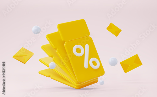 3d coupon with envelopes and a percentage. For discounts, marketing and promotion