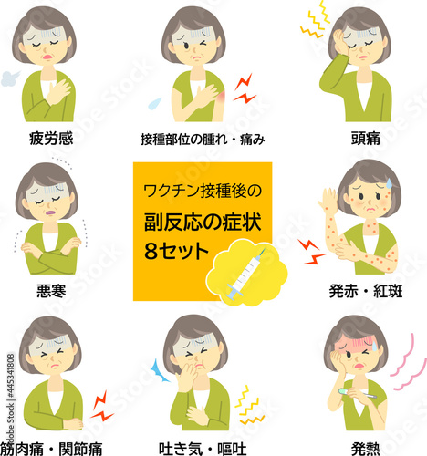 イラスト素材：シニア女性が新型コロナウイルスワクチン接種等の注射後に副反応の症状　8セット

