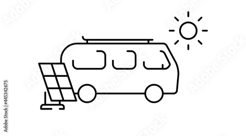 Eco-friendly motorhome vector outline icon. Solar panel with van bus. Renewable energy camper rv. Vanlife