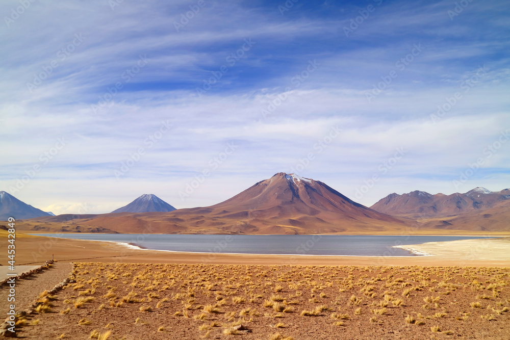 Miscanti lake at the elevation of 4,120 meters above sea level with Mt. Cerro Miscanti in the backdrop, Antofagasta region, Chile