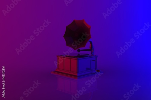 Neon new retro wave 80 disco style old fashioned vintage gramophone with vinyl record in right side isometric view with copy space isolated on violet putple blue background 3d rendering image photo