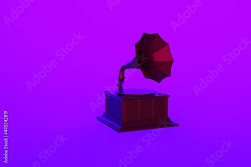 Neon new retro wave 80 disco style old fashioned vintage gramophone with vinyl record in left side isometric view with copy space isolated on violet putple blue background 3d rendering image photo