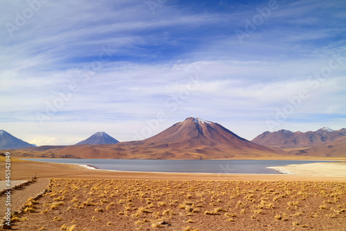 Miscanti lake at the elevation of 4,120 meters above sea level with Mt. Cerro Miscanti in the backdrop, Antofagasta region, Chile photo