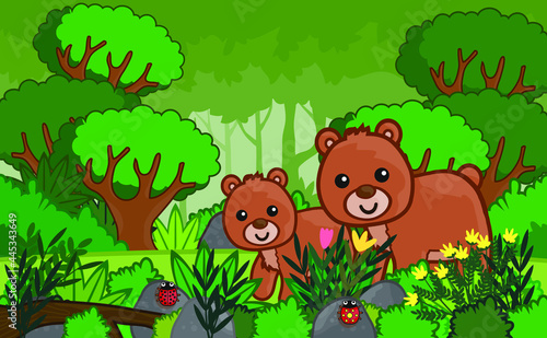 Cute bear with a jungle background  in a cartoon style. Vector illustration