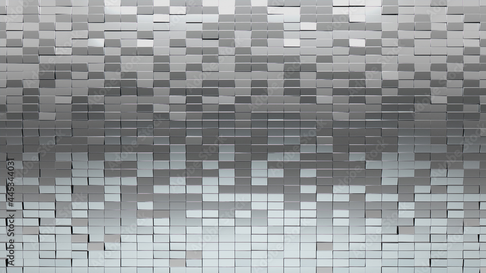 Silver, Polished Mosaic Tiles arranged in the shape of a wall. Rectangular, Glossy, Bullion stacked to create a 3D block background. 3D Render Silver, Polished Mosaic Tiles arranged in the shape of a wall. Rectangular, Glossy, Bullion stacked to create a 3D block background. 3D Render