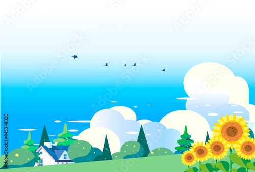 ヒマワリの咲く夏の丘と住宅の背景イラスト