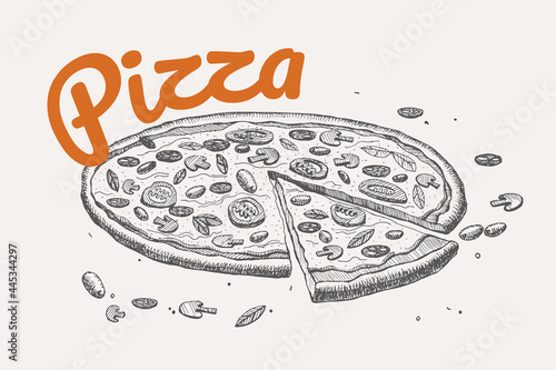 Hand-drawn whole pizza with a cut piece. Delicious cheese filling with tomatoes, olives, and mushrooms. Design element for posters, packaging for cafes, restaurants. Vector illustration.