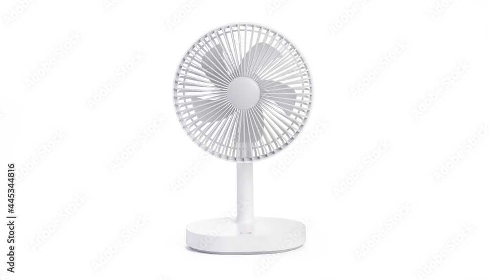 Battery powered white table fan isolated on white background with clipping path. portable battery fan - obrazy, fototapety, plakaty 