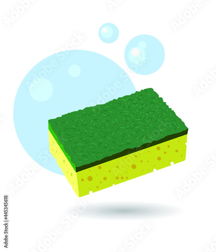 Kitchen scouring sponge for dishes in green and yellow colors.