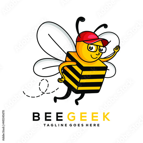 Geek bee mascot logo, Logo Vector Template, Design element for logo, poster, card, banner, emblem, t shirt, Vector illustration.