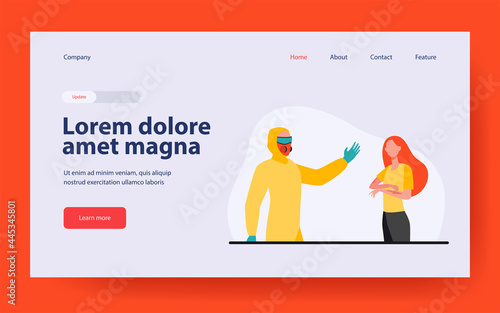 Person in protective costume and woman with chickenpox spots. Contagious patient, infection, rash flat vector illustration. Illness, treatment concept for banner, website design or landing web page