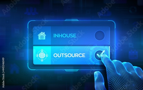 Outsource or inhouse choice concept. Making decision. Outsourcing Global recruitment. Human Resources. Hand on virtual touch screen ticking the check mark on outsource button. Vector illustration. photo