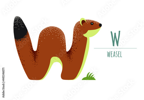 Cute weasel in the shape of a letter - W. children's alphabet. poster, postcard.