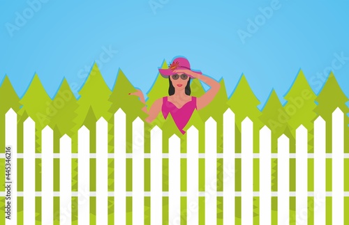 Curious neighbor looks over the fence. Vector illustration. EPS10 photo