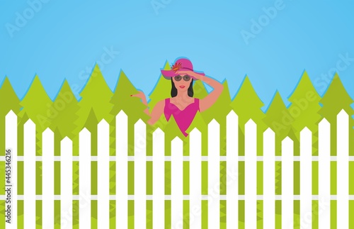 Curious neighbor looks over the fence. Vector illustration. EPS10