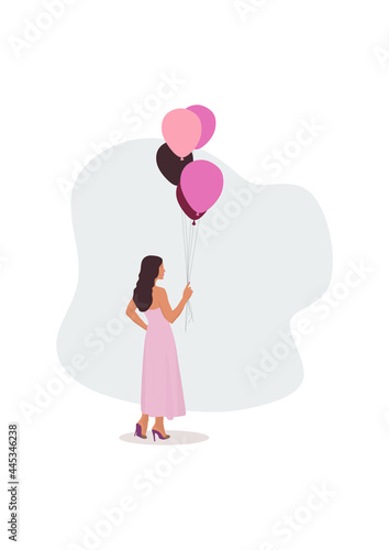 A girl in a pink dress holds balloons in her hand. The woman from the back. Beauty. An idea for a photo shoot. Holiday. Femininity