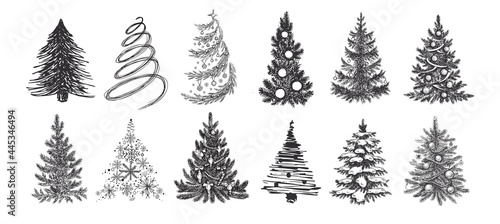 Christmas tree set. Hand drawn illustration. Vector.	
 photo