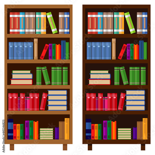 Bookcase with books in two versions. Vector illustration set.