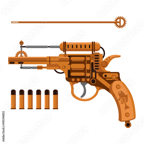 Vector vintage steampunk style pistol with cartridges. Illustration of a set of weapons.