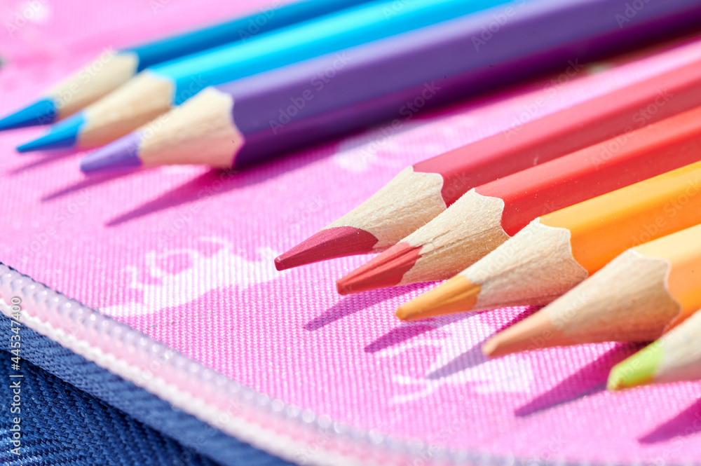 Angespitzte bunte Farbstifte aus Holz in einem rosafarbenen Etui liegen nebeneinander