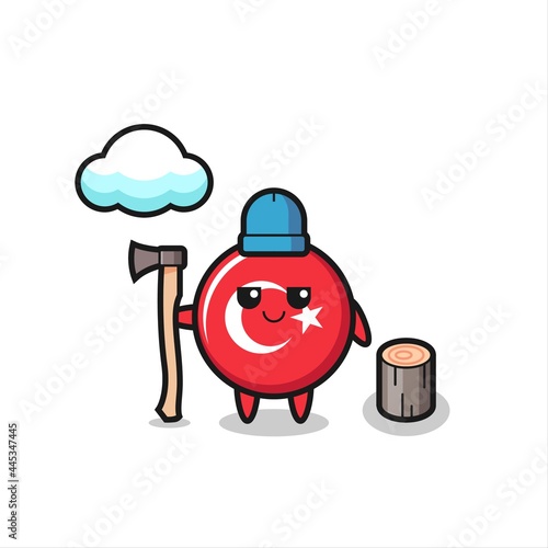 Character cartoon of turkey flag badge as a woodcutter