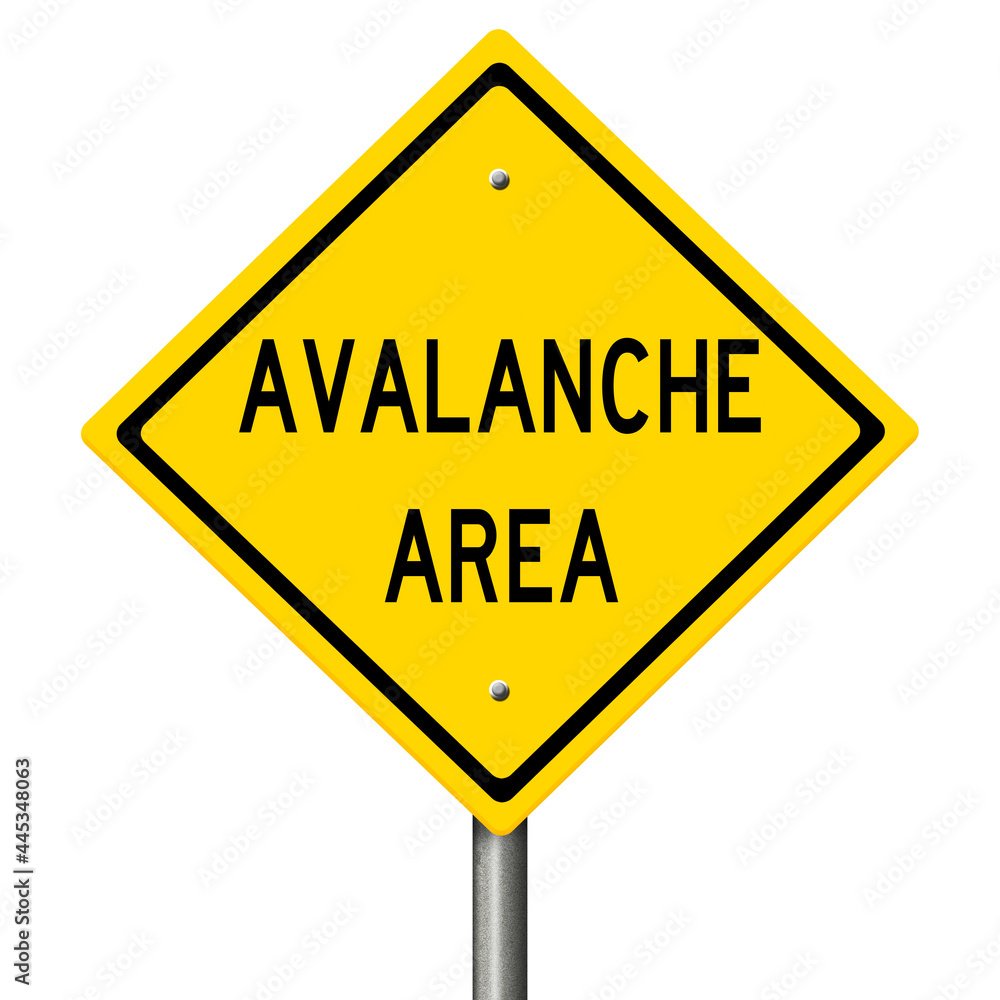 Rendering of a yellow highway sign warning of avalanche area