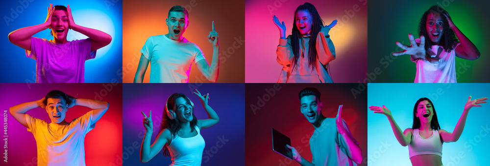 Portrait of group of people on multicolored background in neon light, collage. Surprised, shocked