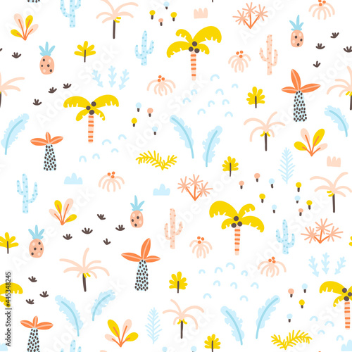 Tropical jungle seamless pattern. Palm trees and plants in a simple hand-drawn Scandinavian doodle style. Nursery pastel palette for printing baby clothes, textiles fabrics. Vector cartoon background