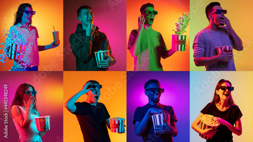 Collage of images of young smiling women and men watching movie, posing at camera isolated over multicolored neon backgrounds. Flyer.