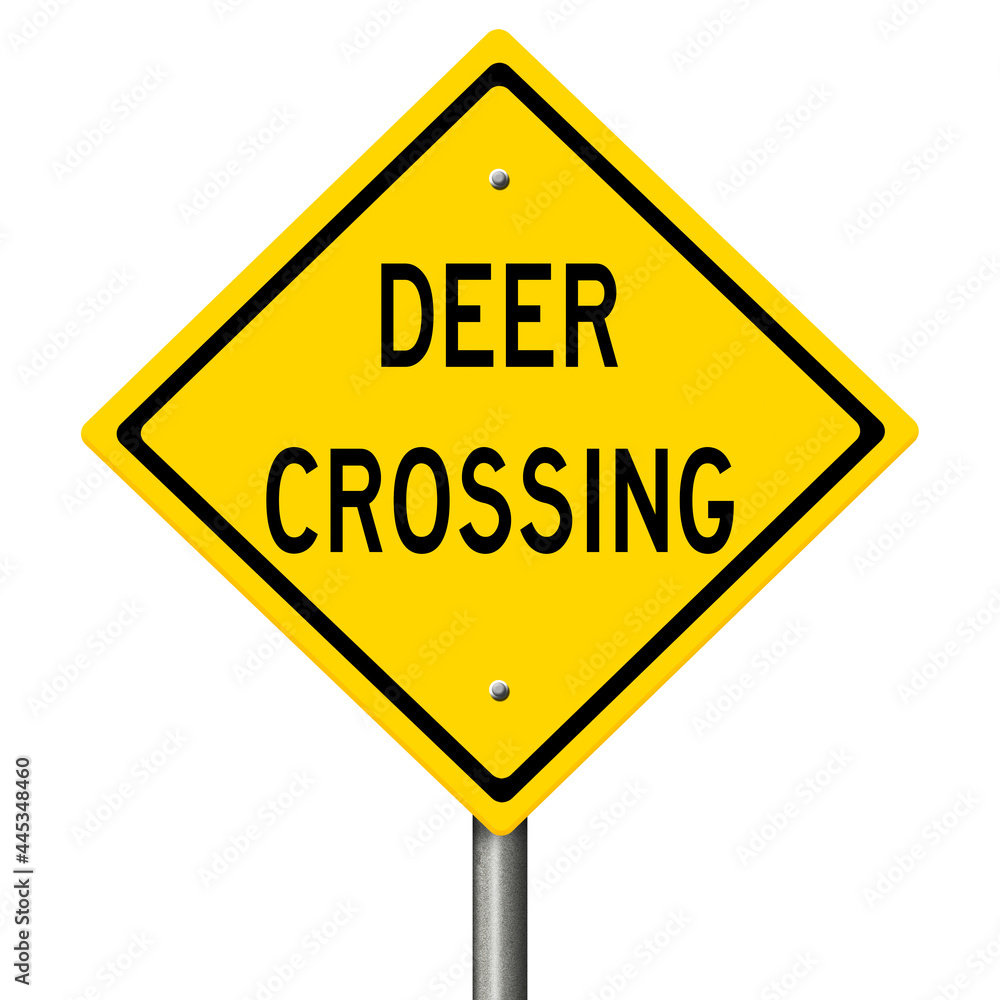 Rendering of a yellow warning sign DEER CROSSING Rendering of a yellow warning sign DEER CROSSING