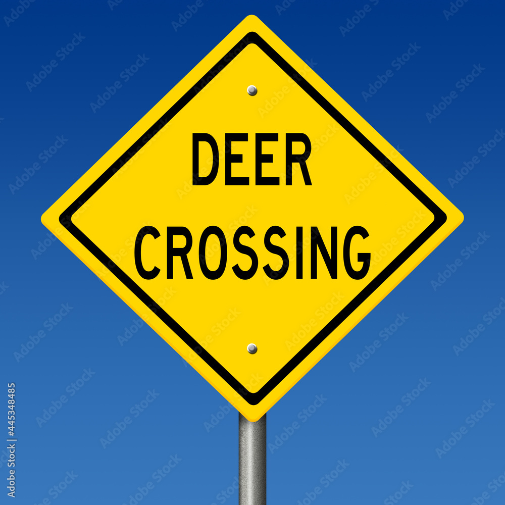 Rendering of a yellow highway sign warning of deer crossing