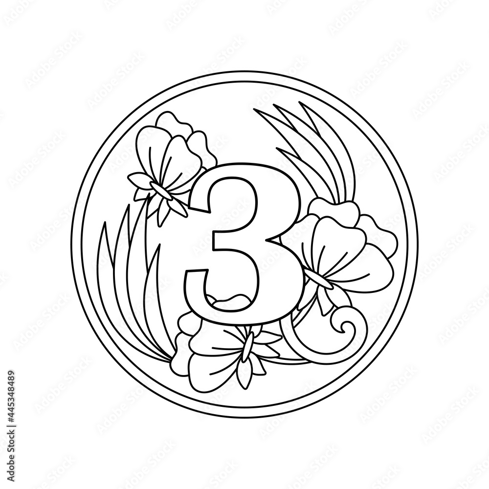 Fototapeta premium Coloring book. Number 3 with flowers, buds and leaves in a round frame, a decorative ornament for a greeting card, invitations, greetings