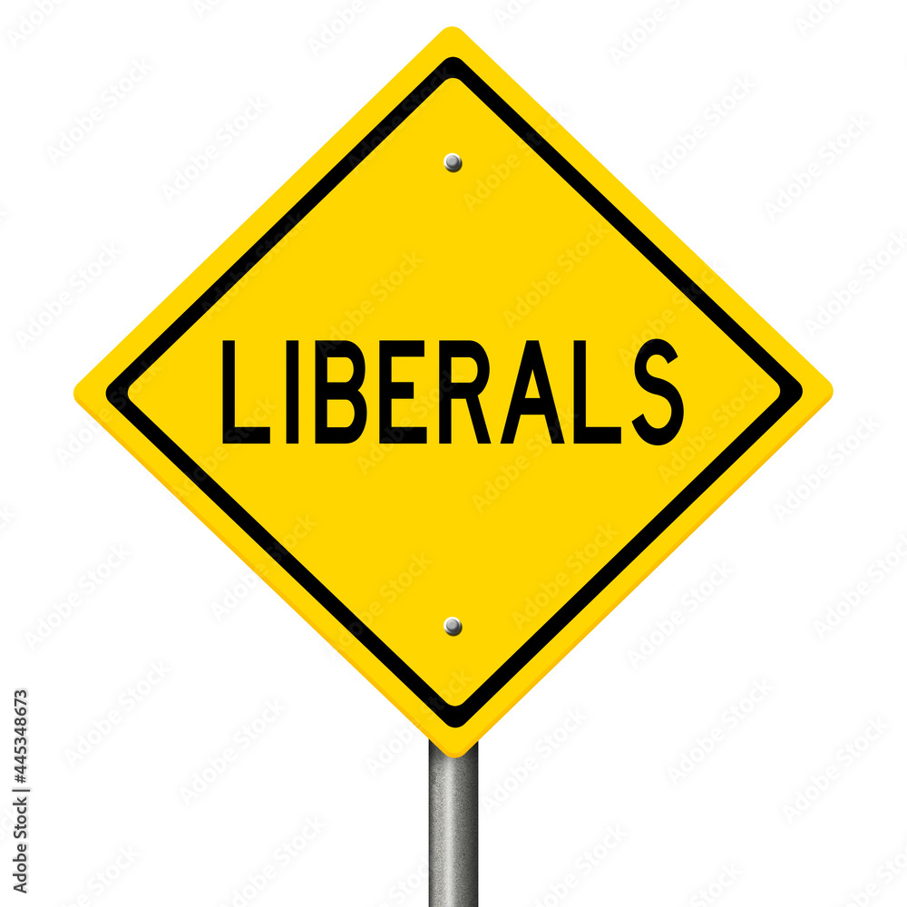 Rendering of a yellow highway sign warning of liberals