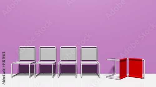 eine Reihe weißer Stühle, ein roter Stuhl ist umgefallen, riskanter Sitzplatz