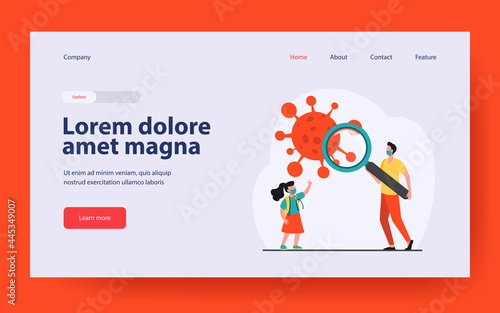 Doctor and little girl studying virus with magnifier. Coronavirus, mask, pandemic flat vector illustration. Medicine and examination concept for banner, website design or landing web page
