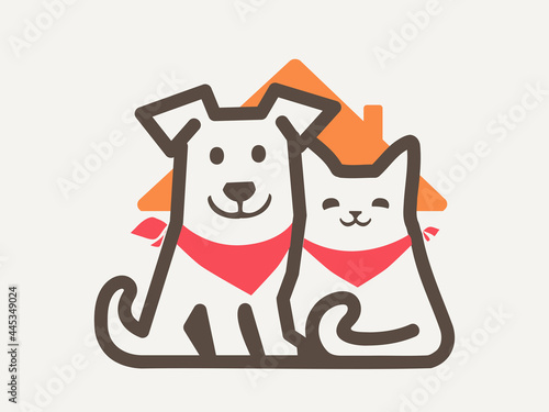 cute dog and cat and roof house logo design. pet services, boarding, care and walking minimal symbol