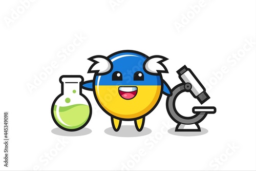 Mascot character of ukraine flag badge as a scientist