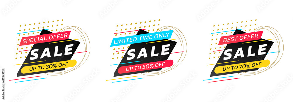 Sale badge, tag or label set with abstract shapes. Modern discount stickers with 20, 30, 50 percent price off. Special offer design layout. Vector illustration.