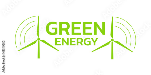 Green energy logo or icon with wind turbines. Renewable and clean energy symbol with modern windmills. Vector illustration.