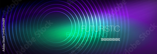 Dark abstract background with glowing neon circles. Trendy layout template for business or technology presentation, internet poster or web brochure cover, wallpaper