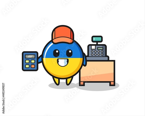 Illustration of ukraine flag badge character as a cashier