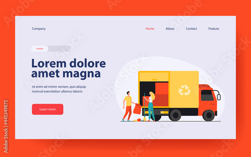 People loading garbage into truck. Trash pickup with recycling sign flat vector illustration. Garbage disposal, volunteering, trash collection concept for banner, website design or landing web page