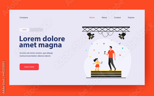 Kid and adult singers duet. Celebrity dad and daughter singing together on stage flat vector illustration. Performance, show, childhood concept for banner, website design or landing web page
