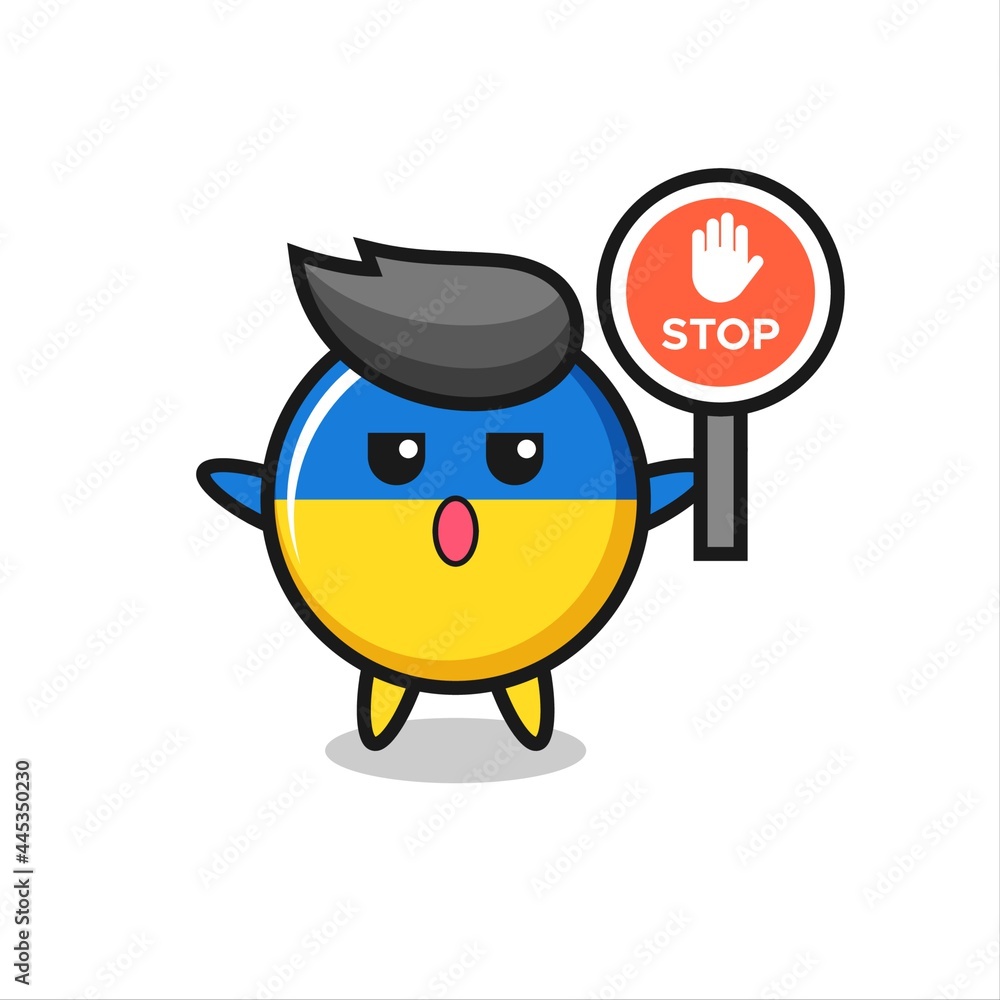 ukraine flag badge character illustration holding a stop sign