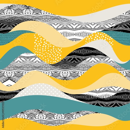 Beautiful abstract hills in yellow, aquamarine and black and white colors. Landscape in Japanese style. Seamless hand drawn pattern for fabric. Fashionable print.