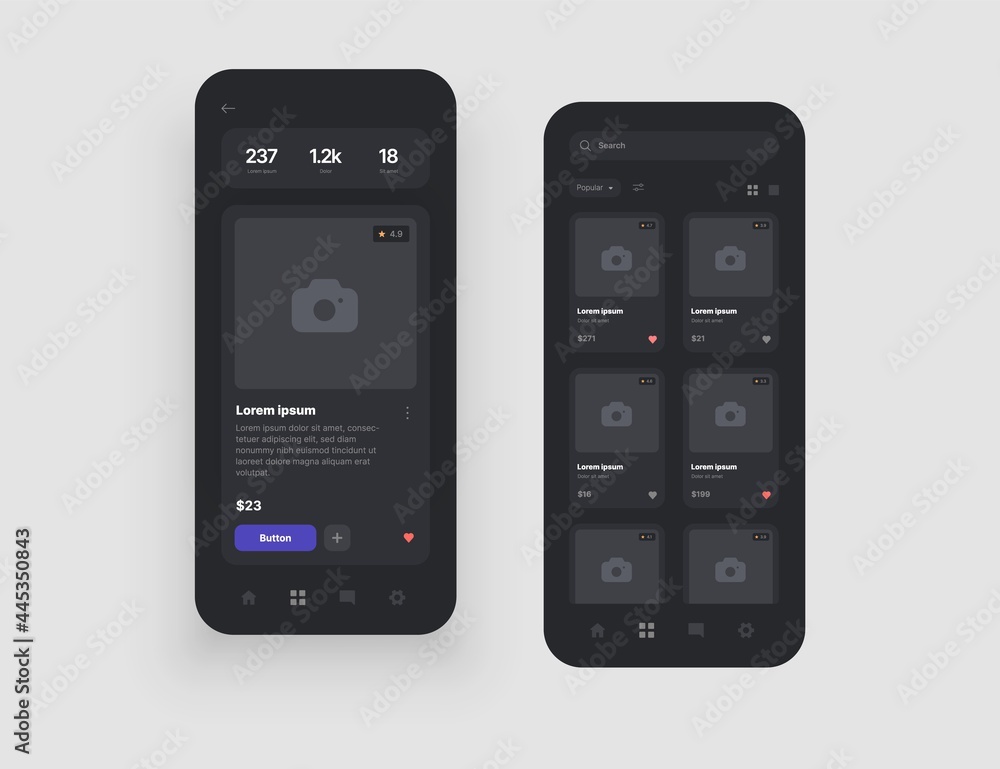 Concept mobile app interface for online store, hotel booking or social media. Dashboard design in dark colors with UI and UX elements. Concept mobile app interface for online store, hotel booking or social media. Dashboard design in dark colors with UI and UX elements.