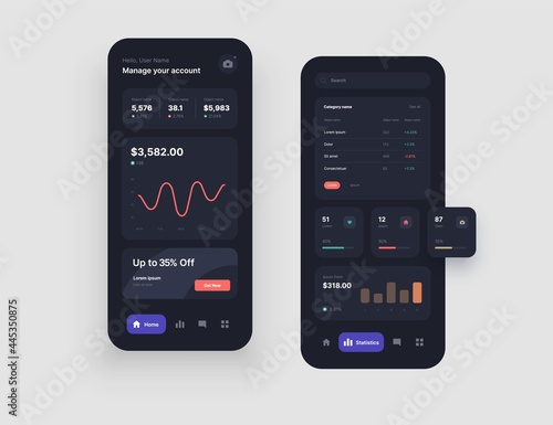 Mobile app interface design in dark colors with UI and UX elements. Use design for web application, desktop or mobile app.