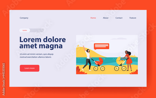 Two new moms walking together. Woman with strollers meeting and waving hello flat vector illustration. Motherhood, childcare, friendship concept for banner, website design or landing web page