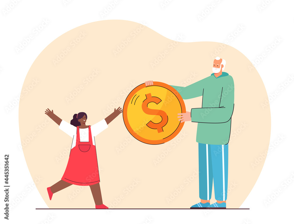 Grandfather giving pocket money to granddaughter. Elderly person giving giant coin to happy girl flat vector illustration. Family, finances concept for banner, website design or landing web page Grandfather giving pocket money to granddaughter. Elderly person giving giant coin to happy girl flat vector illustration. Family, finances concept for banner, website design or landing web page