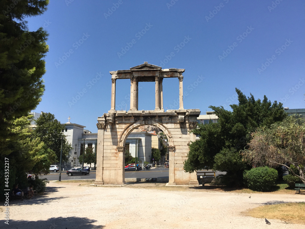 The Arch of Hadrian, most commonly known in Greek as Hadrian's Gate, is a monumental gateway resembling—in some respects—a Roman triumphal arch. Athens, Greece